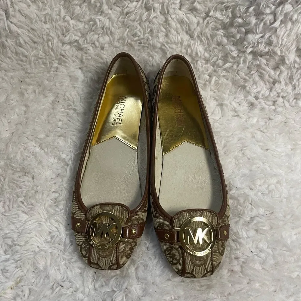 Michael Kors Brown and Gold Women's Flats fabric logo with leather trim SZ 7